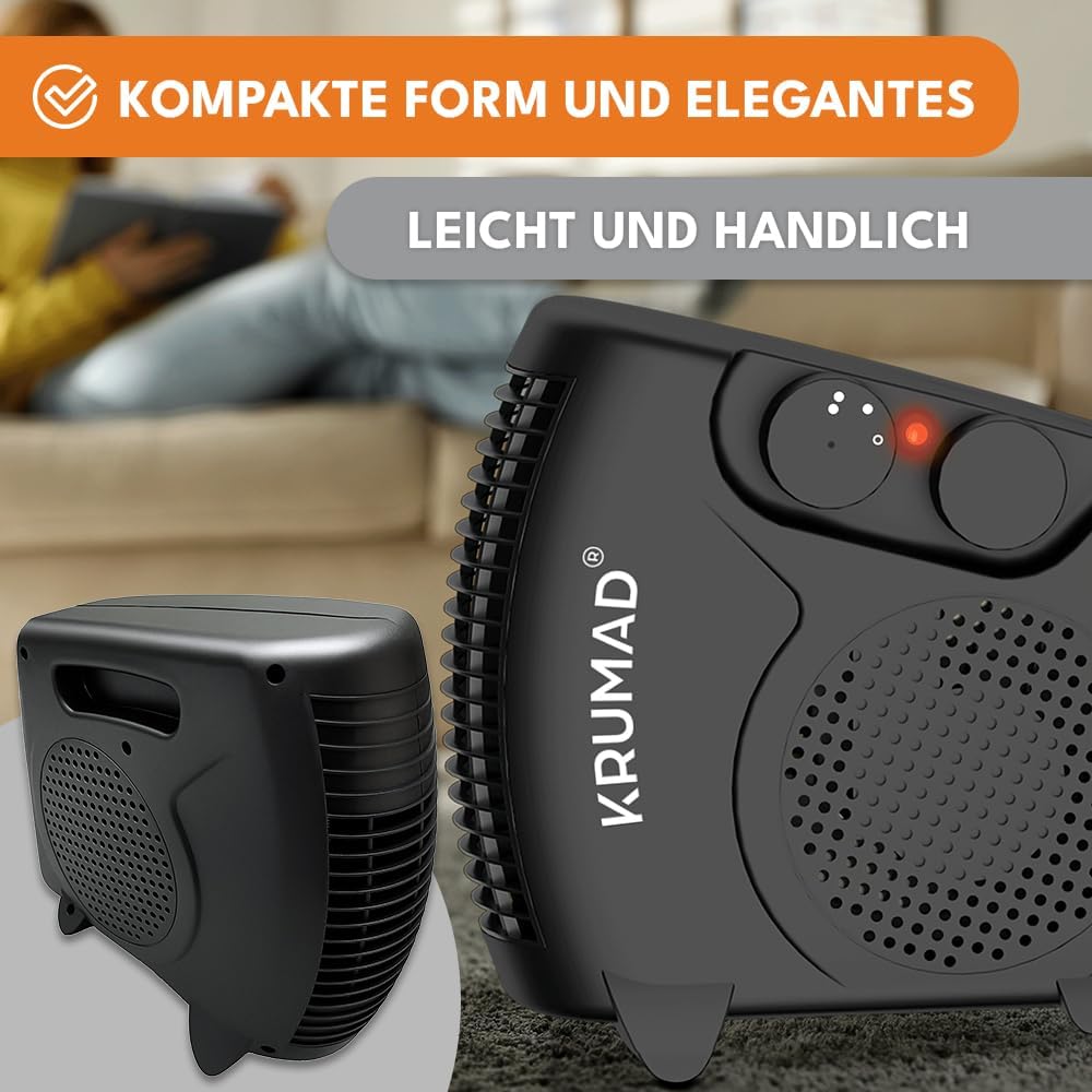 KRUMAD Heizlüfter, Elektroheizung, Elektroheizung, Heizung | 2 Heizmodi 1000/2000W, 220–240 V, mit Thermostat, 2 Heizstufen, Energiesparender, Überhitzungsschutz, Tragegriff, Kompakter – Bild 4