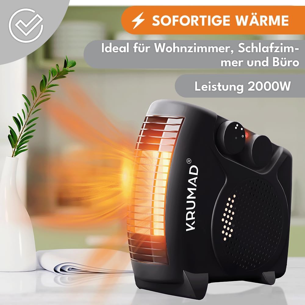 KRUMAD Heizlüfter, Elektroheizung, Elektroheizung, Heizung | 2 Heizmodi 1000/2000W, 220–240 V, mit Thermostat, 2 Heizstufen, Energiesparender, Überhitzungsschutz, Tragegriff, Kompakter – Bild 2