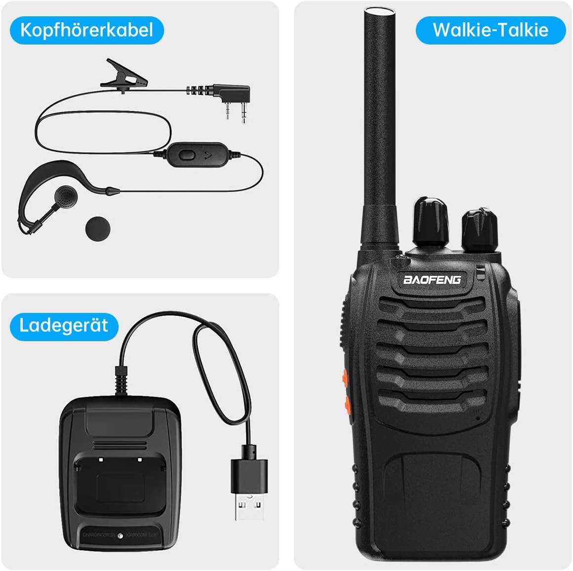 Professionelles Walkie-Talkie für Erwachsene mit großer Reichweite, wiederaufladbarem Akku, 16-Kanal-Funkgerät, USB-Ladegerät und Ohrhörer mit VOX (schwarz, 1 Paar) – Bild 7