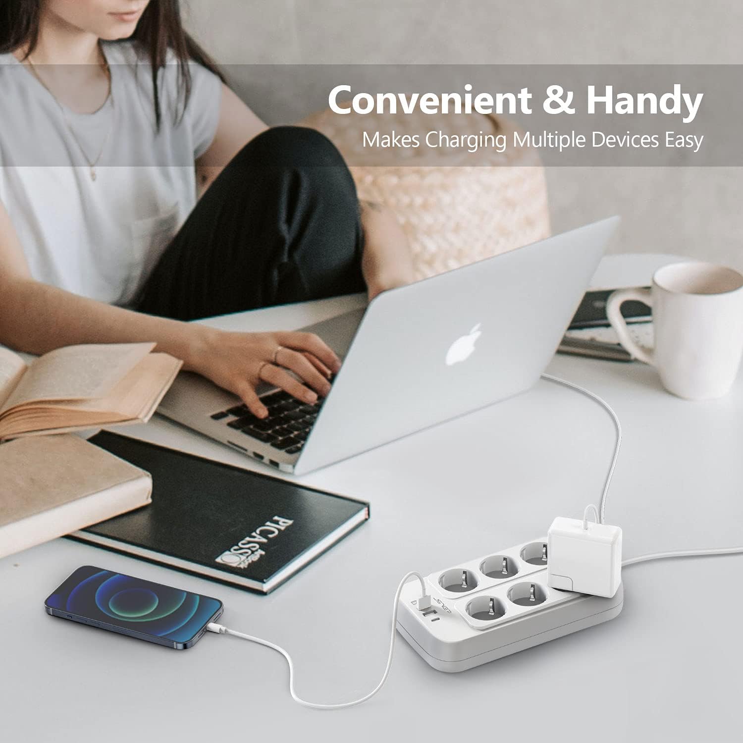 JSVER Steckdosenleiste 6 Fächer mit 4 USB-Ladeanschlüssen, Mehrfachsteckdose mit USB C, Wandmontage (3680 W), Überspannungsschutz mit 2 m Kabel, Verlängerungskabel für Smartphones, Laptop, Weiß – Bild 7