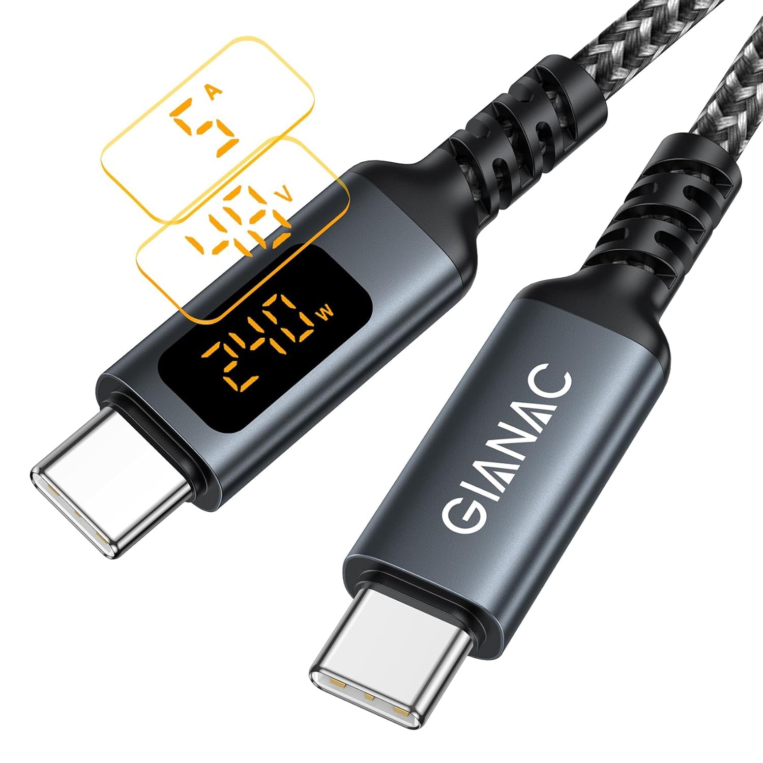GIANAC 240W USB C auf USB C Kabel (2M) Schnellladekabel USB C USB PD3.1 Nylon USB Typ C Ladekabel mit LED-Anzeige für iPhone 16 Pro Max, iPhone 15, Samsung S24 S23 S22 S21, iPad Pro, MacBook Pro/Air