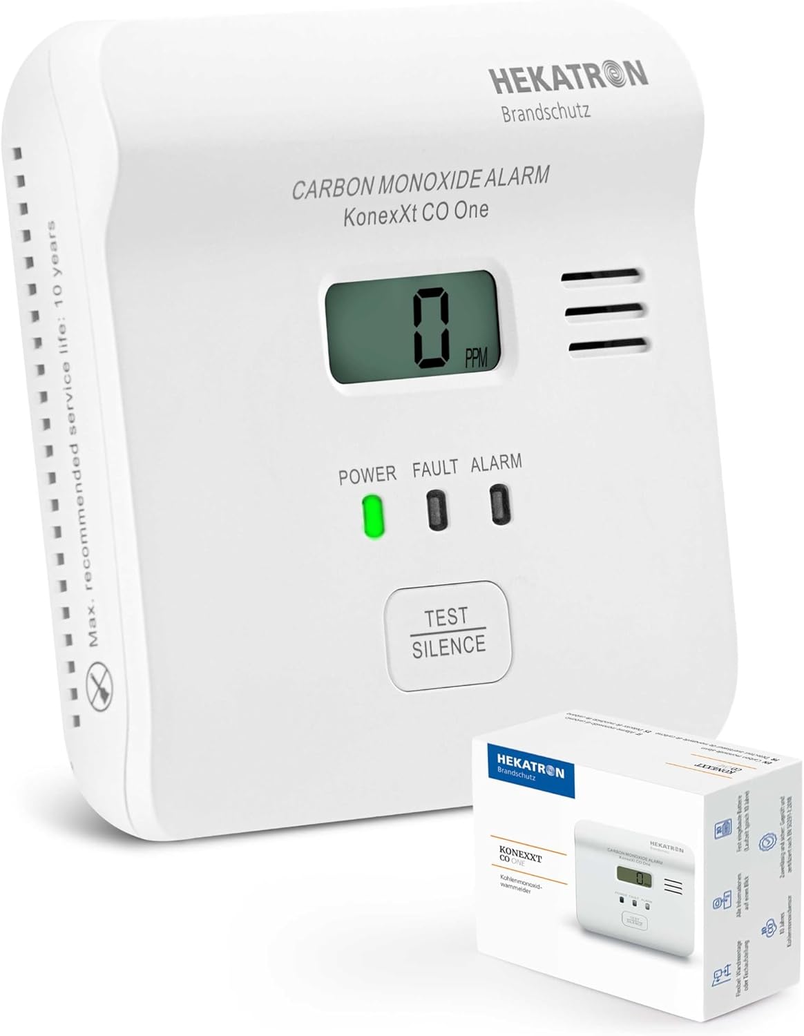 Hekatron KonexXt CO One Kohlenmonoxidmelder, 10-Jahres-Batterie | CO-Melder mit übersichtlichem Display und Testalarmknopf, einfache Installation