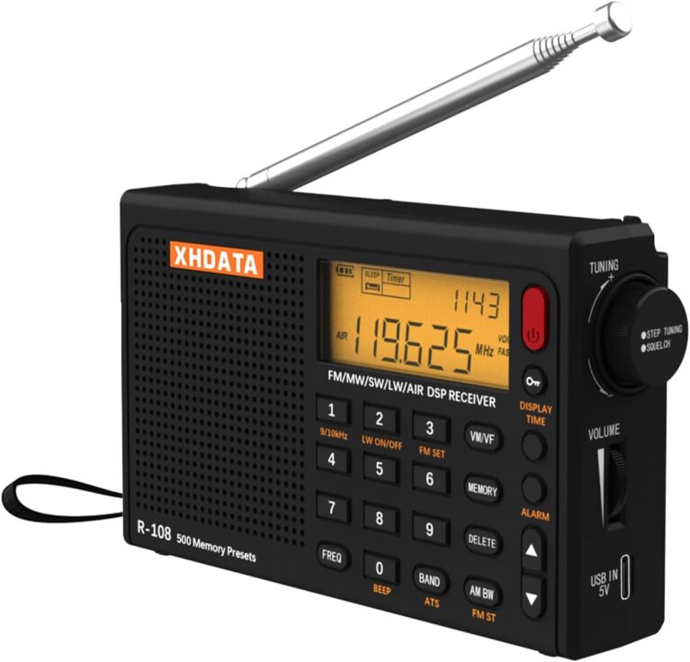 XHDATA R-108 Kleine tragbare Radios, wiederaufladbares Batterieradio FM AM SW Airband Radio Weltempfänger Digitalradio mit ATS Station Memory Sleep Funktion (Schwarz)
