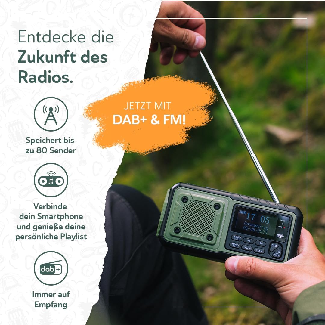 Acta Berg Kurbelradio DAB+/FM, Notfallradio, 5000 mAh Akku (Armeegrün) | Mit USB, Batteriebetrieb möglich, Notfallausrüstung für Stromausfall, integrierte Taschenlampe, Ladegerät für Mobiltelefon, Wecker – Bild 2