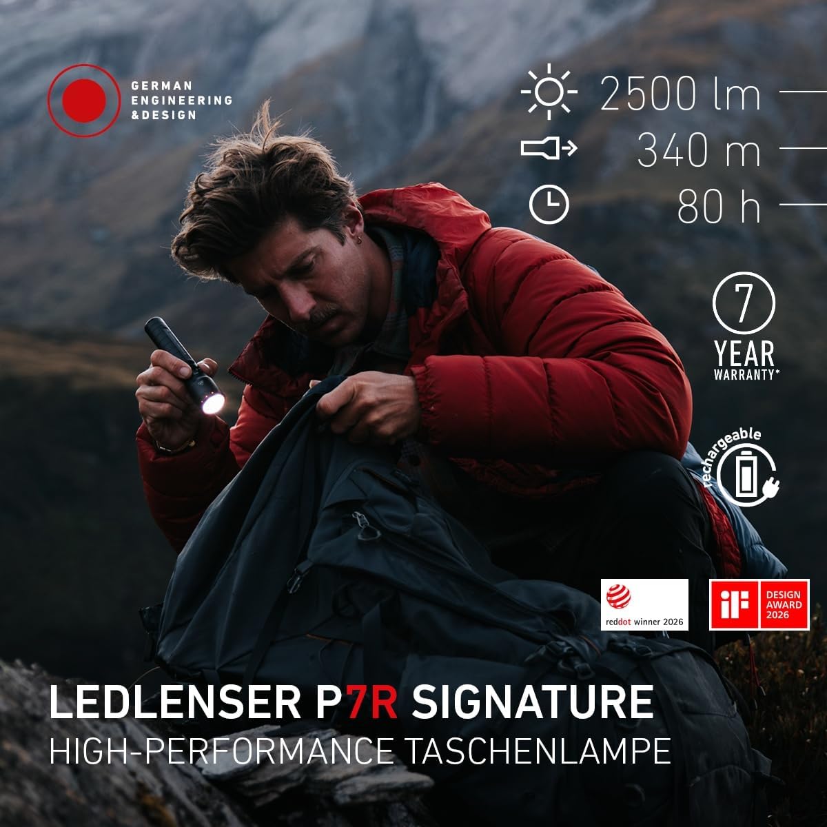 Ledlenser P7R Signature LED-Taschenlampe, wiederaufladbar, 2500 Lumen, 340 m Fokus, 8 Modi, USB-C, IP68 wasserdicht, 80 Stunden Betriebszeit, taktisch für Outdoor, Notfälle, Wandern, Camping – Bild 2