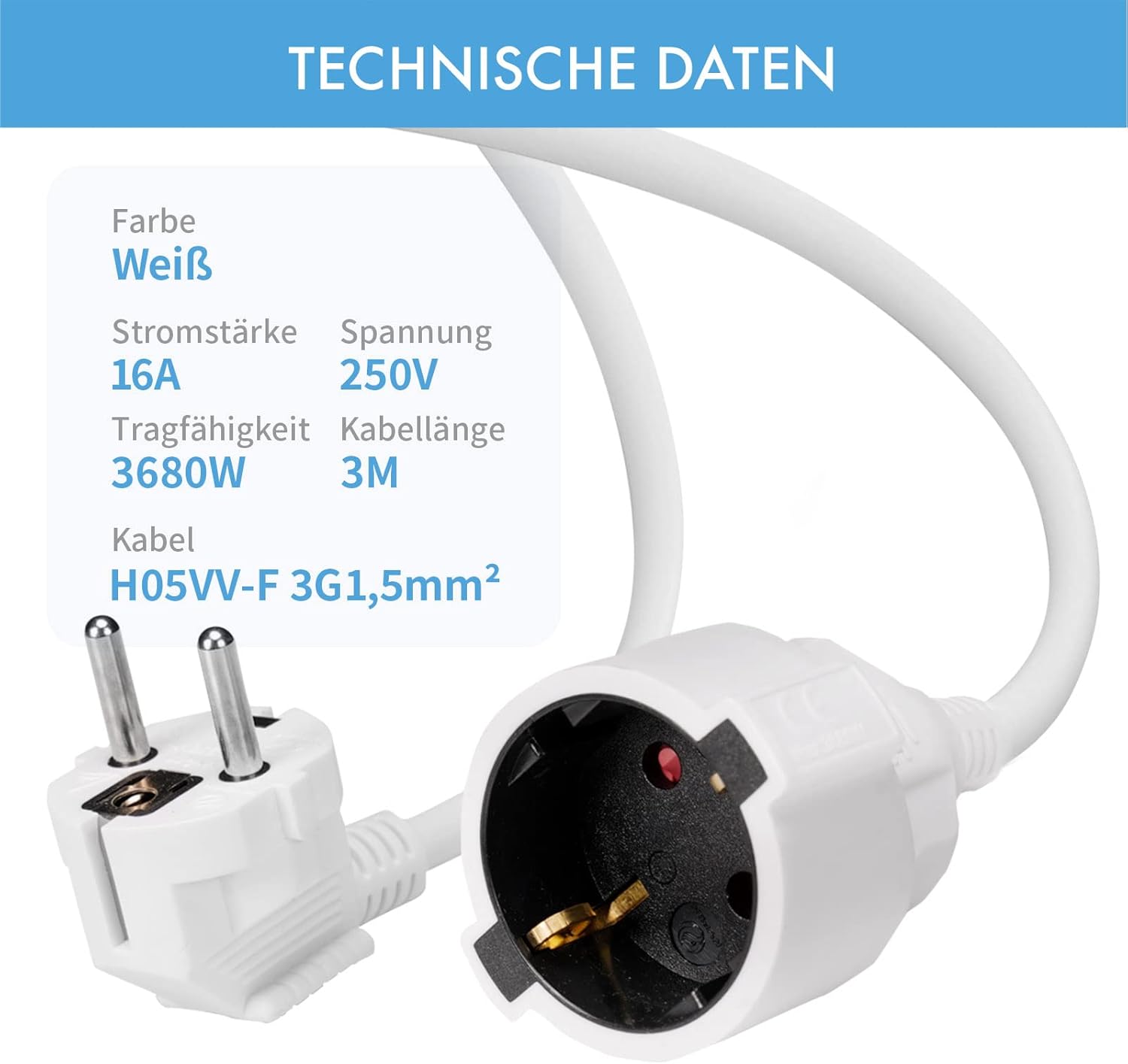 RealMade Verlängerungskabel, mit Kinderschutzstecker, 3680 W Schutzkontaktverlängerung für den Innenbereich, 16A/250V, weiß – Bild 3