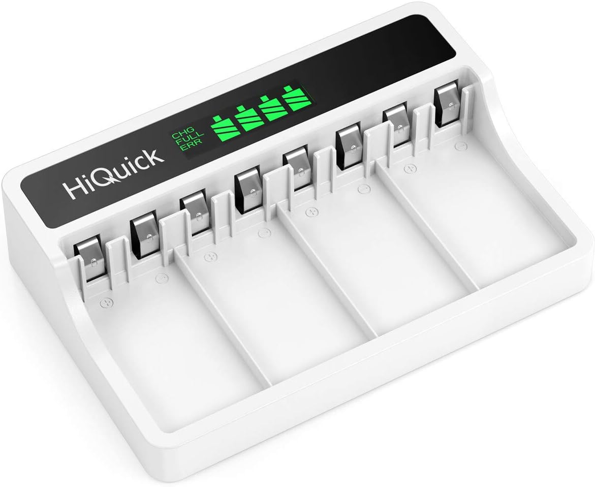 HiQuick 9V Akkuladegerät, Ladegerät für 9V Ni-Mh/Li-Ionen-Akkus, für wiederaufladbare PP3-Akkus, 4 Ladeplätze mit LCD-Display