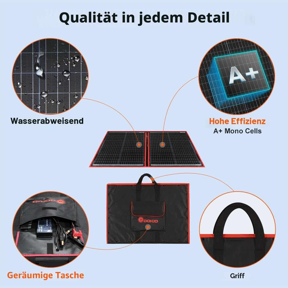 Dokio 100 Watt monokristallines Solarmodul, zusammenklappbar, mit Solarregler, LCD-Display und USB-Ausgang | Mit Solarregler (LCD-Display + 2 USB-Ausgänge) für 12 V-Batterie, AGM, Gel-Batterie, Säurebatterie, Generatoren – Bild 6