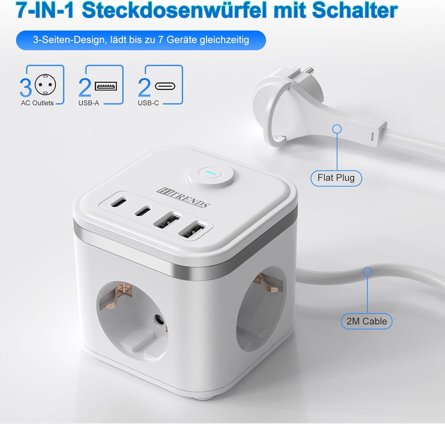 Steckdosenwürfel mit USB, 3-fach Mehrfachsteckdose mit Schalter, Steckdosenleiste mit 2U2C, 7-in-1-Steckdosenverteiler mit 2 m Kabel, Flachstecker-Mehrfachsteckdose für Büro, Reisen, Weiß – Bild 2