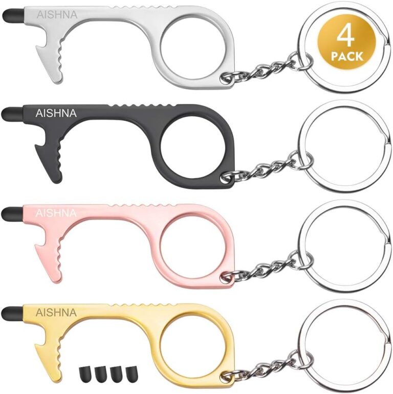 Berührungsloser Türöffner, 4er-Pack Multitool-Schlüsselanhänger mit Flaschenöffner, Stylus-Pad und Schlüsselanhänger, kontaktloses Türgriff-Werkzeug, Metall und Zink