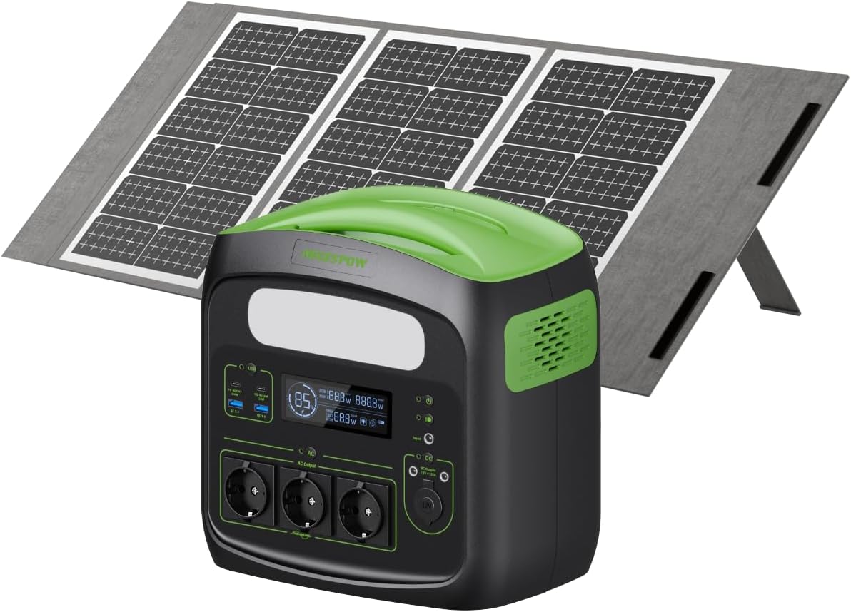Tragbares Kraftwerk mit faltbarem tragbarem Solarpanel 100 W, 483,84 Wh Solargenerator mit 230 V/700 W AC-Steckdosen, LiFePO4-Batterien, 100 W Solarpanels für Camping, Wohnmobil, Stromausfälle, Outdoor