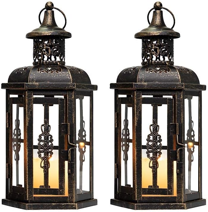 JHY DESIGN Hängende Kerzenlaternen aus Glas, 25 cm hoch, hohle geschnitzte Dekoration, Vintage-dekorativer Kerzenhalter für draußen, Wohnzimmer, Garten, Balkon, drinnen und draußen, Terrasse (schwarz mit Goldbürste) – Bild 4