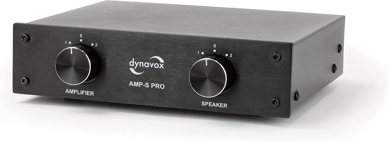 Dynavox AMP-S Pro Verstärker- und Lautsprecherschalter im Metallgehäuse für Stereo- und Surround-Verstärker, Bananenstecker oder Klemmanschluss – Schwarz