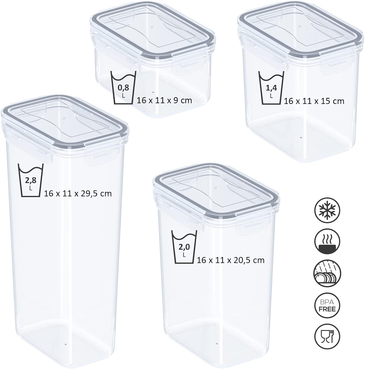 WELLGRO Vorratsdosen-Set mit Etiketten, Kreidestift und Messlöffeln, Frischhaltedosen mit Deckel, BPA-frei, luftdicht, auslaufsicher, spülmaschinenfest, Menge: 8 Stück – Bild 2