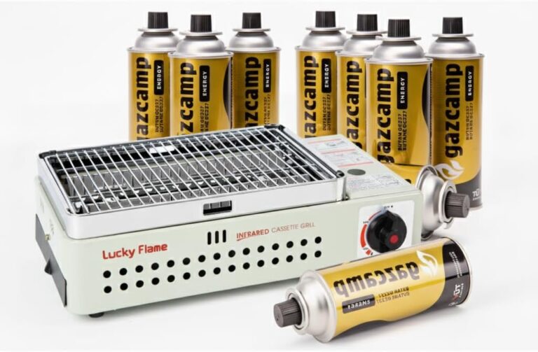 Lucky Flame LF-90 GD Gasgrill mit Butan-MSF-1A-Kartuschen (Kartuschenanzahl wählbar) (Grill + 8 Kartuschen)