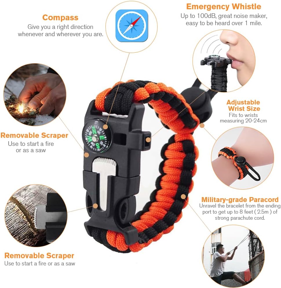 Flintronic Paracord Survival Armband Kit, Überlebensarmband Set, Feuerstarter aus Feuerstein und Stahl+100-dB-Pfeife+Basiskompass+Mini-Säge+Wasserdichtes Paracord in Militärqualität – Bild 2