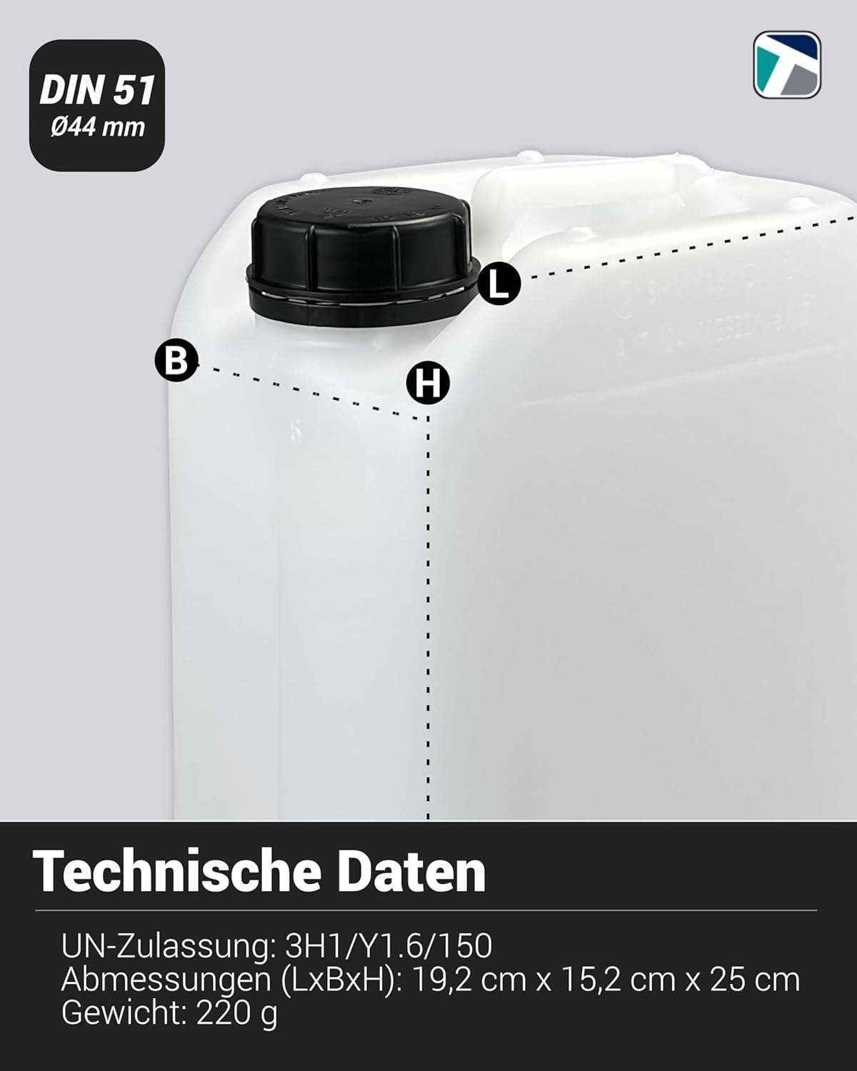 5 Liter Leerkanister DIN 51 mit Trichter, Auslaufhahn und 5 Trevendo-Etiketten – Bild 3