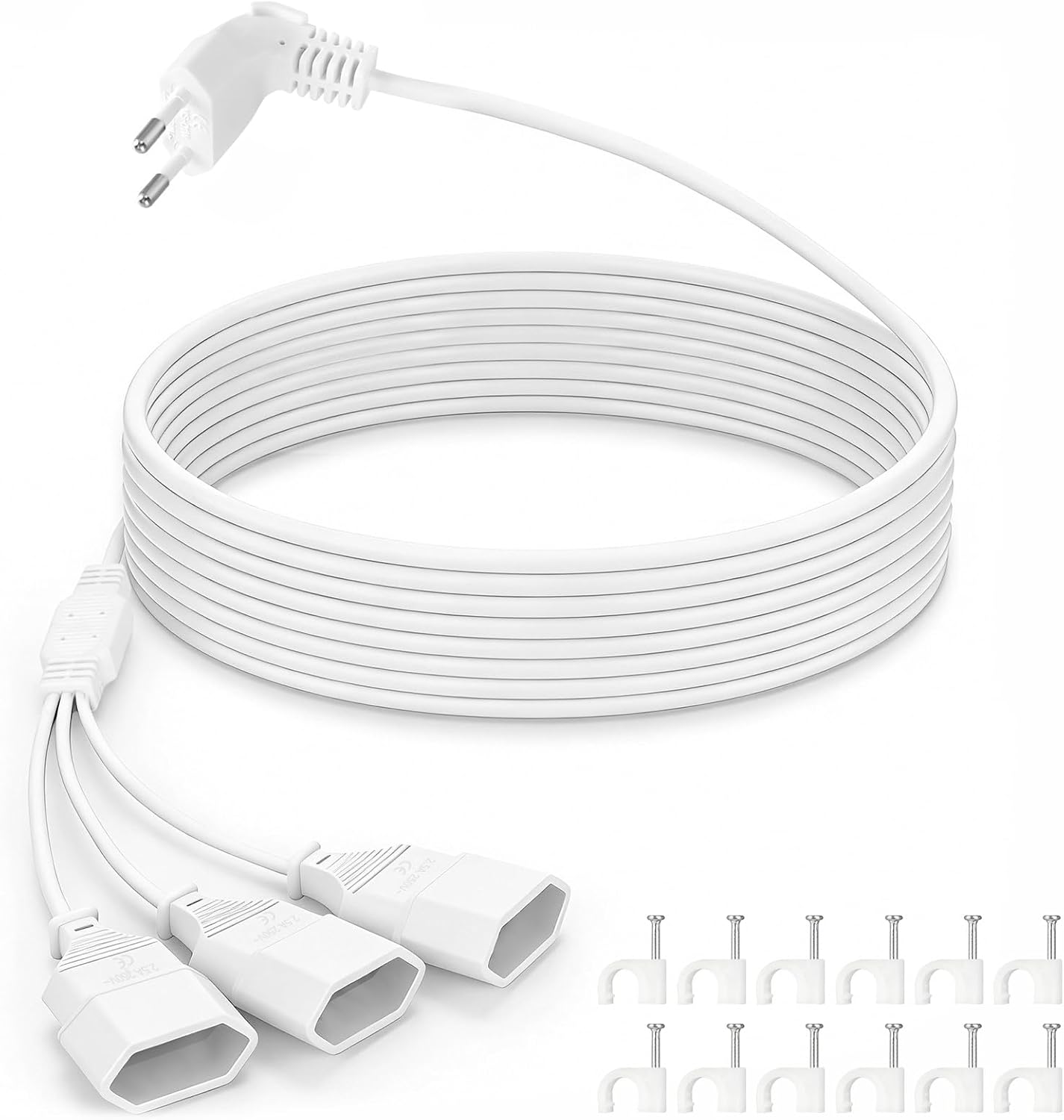 VINATO 3 in 1 Verlängerungskabel Flachstecker, Eurostecker Verlängerung 20 cm, Stromkabel flach 250 V/2,5 A, Mehrfachsteckdose flaches Design für Haushalt und Reisen