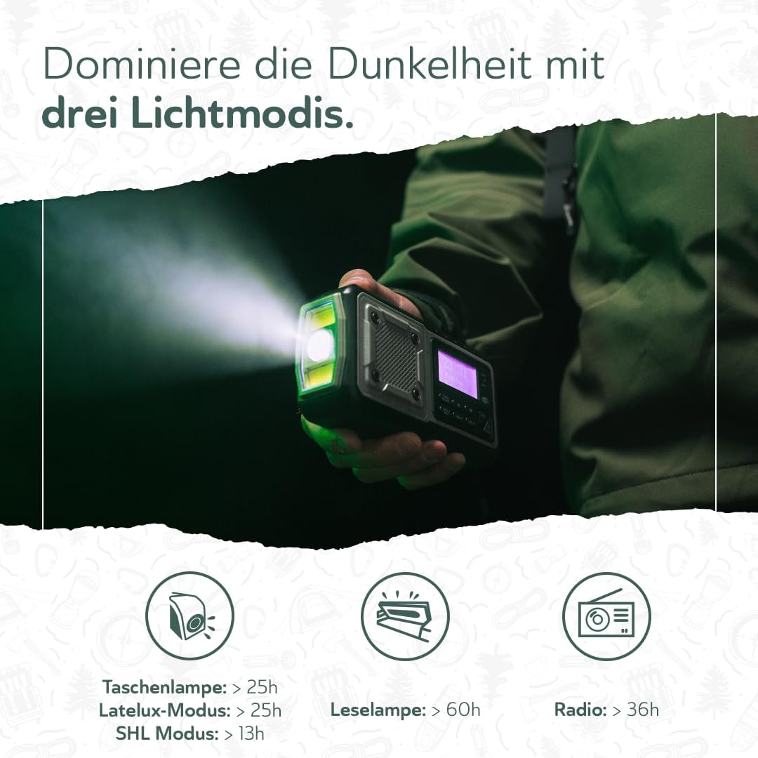 Acta Berg Kurbelradio DAB+/FM, Notfallradio, 5000 mAh Akku (Grau) | Mit USB, Batteriebetrieb möglich, Notfallausrüstung für Stromausfall, integrierte Taschenlampe, Ladegerät für Mobiltelefon, Wecker – Bild 6