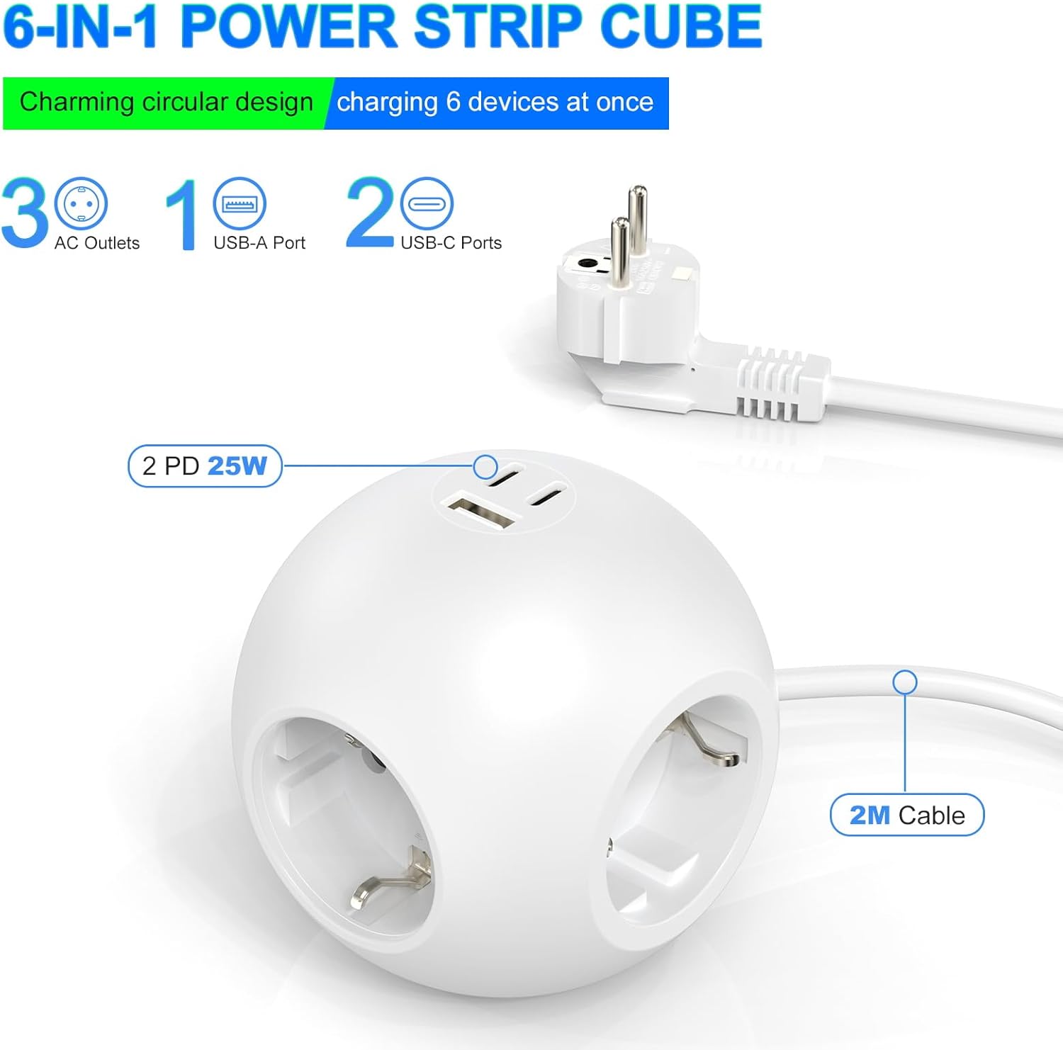 PD 25W Steckdosenleiste Cube mit 1 USB A und 2 USB C, Steckdosenleiste mit 3-fach Steckdosenadapter, Kugelsteckdose mit 2m Kabel (3680W 16A für Bürosteckdosen, weiß) – Bild 3