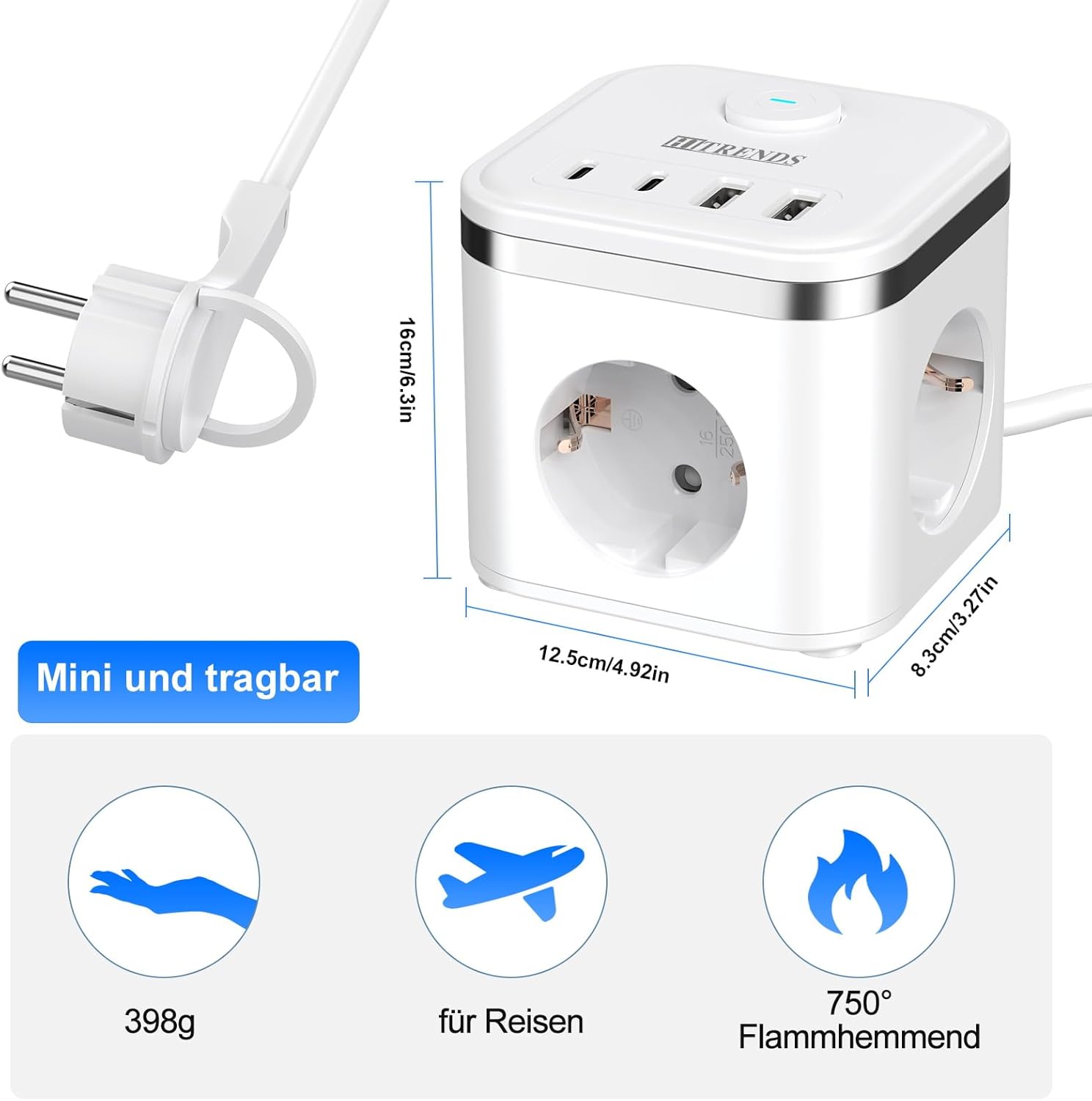 Steckdosenwürfel mit USB, 3-fach Mehrfachsteckdose mit Schalter, Steckdosenleiste mit 2U2C, 7-in-1-Steckdosenverteiler mit 2 m Kabel, Flachstecker-Mehrfachsteckdose für Büro, Reisen, Weiß – Bild 7