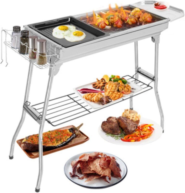 Holzkohlegrill, Campinggrill, Klappgrill aus Edelstahl, 100 x 31 x 71 cm (XXL), tragbare Grills, komplettes Zubehör, Outdoor, Terrasse, Camping, Grillparty, für 5-10 Personen