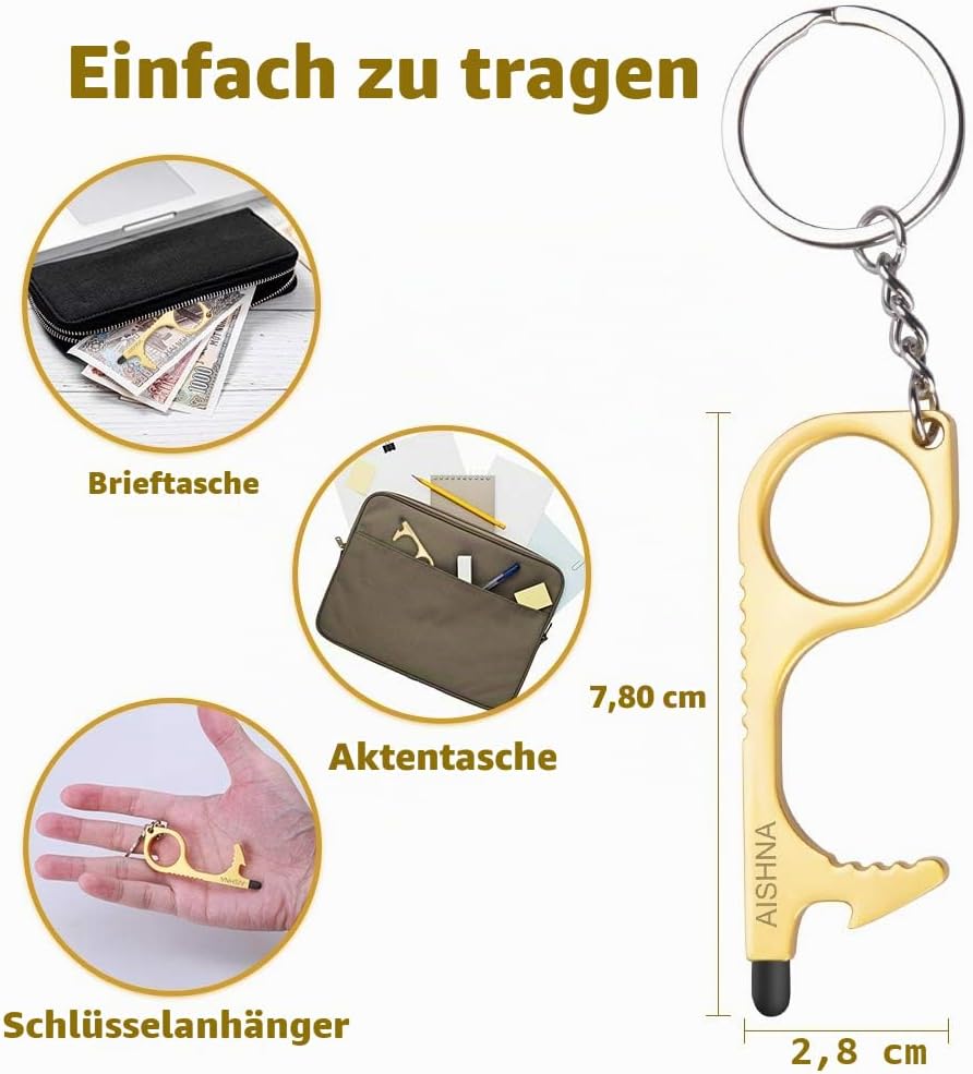Berührungsloser Türöffner, 4er-Pack Multitool-Schlüsselanhänger mit Flaschenöffner, Stylus-Pad und Schlüsselanhänger, kontaktloses Türgriff-Werkzeug, Metall und Zink – Bild 3