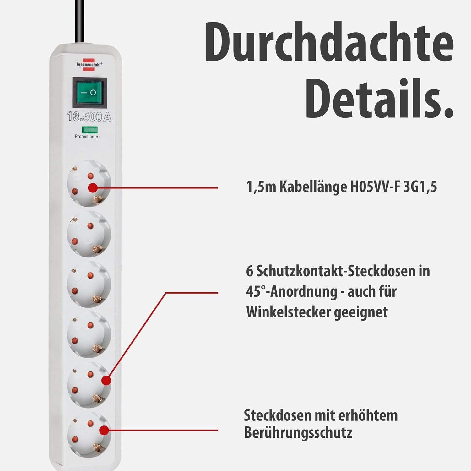 Brennenstuhl Eco-Line 6-fach Steckdosenleiste mit Überspannungsschutz (Steckdosenleiste mit erhöhtem Berührungsschutz, Ein-/Ausschalter und 1,5 m Kabel), PC-Grau – Bild 4