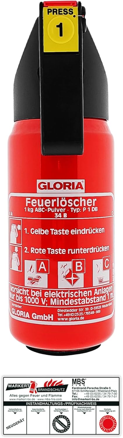 Gloria Auto-Pulverlöscher P1DB, 1 kg, Feuerklasse ABC, Halter und Plakette – Bild 4