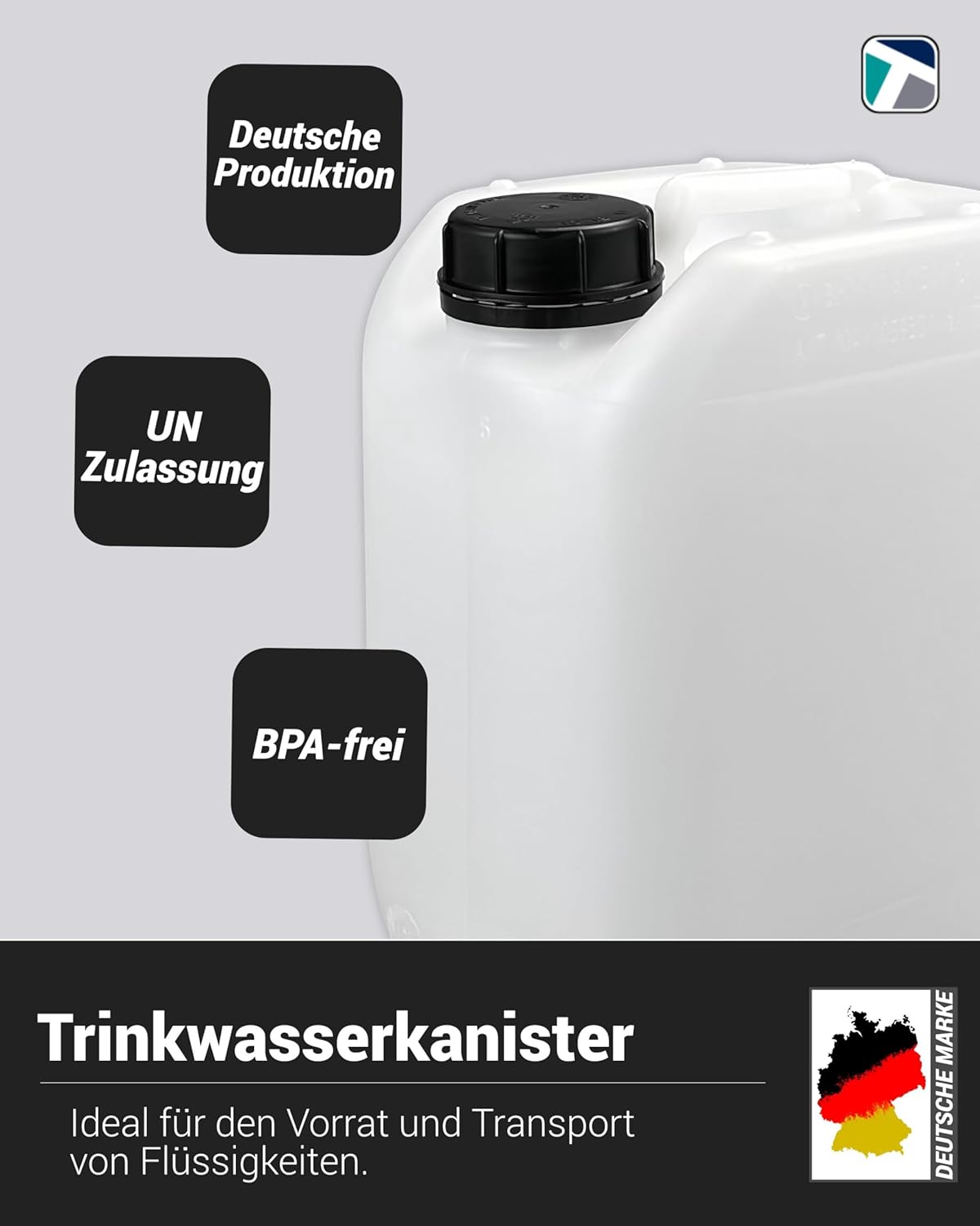 5 Liter Leerkanister DIN 51 mit Trichter, Auslaufhahn und 5 Trevendo-Etiketten – Bild 2
