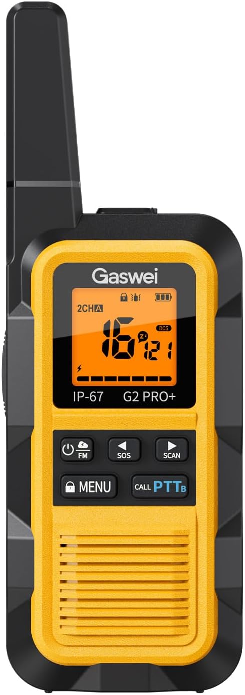 Gaswei G2Pro Professionelle Walkie-Talkies für Erwachsene, IP67, wasserdicht und schwimmfähig, Langstreckenradio mit Doppel-PTT, VOX, SOS, UKW-Radio + Akku für den Außenbereich, 1er-Set in Gelb