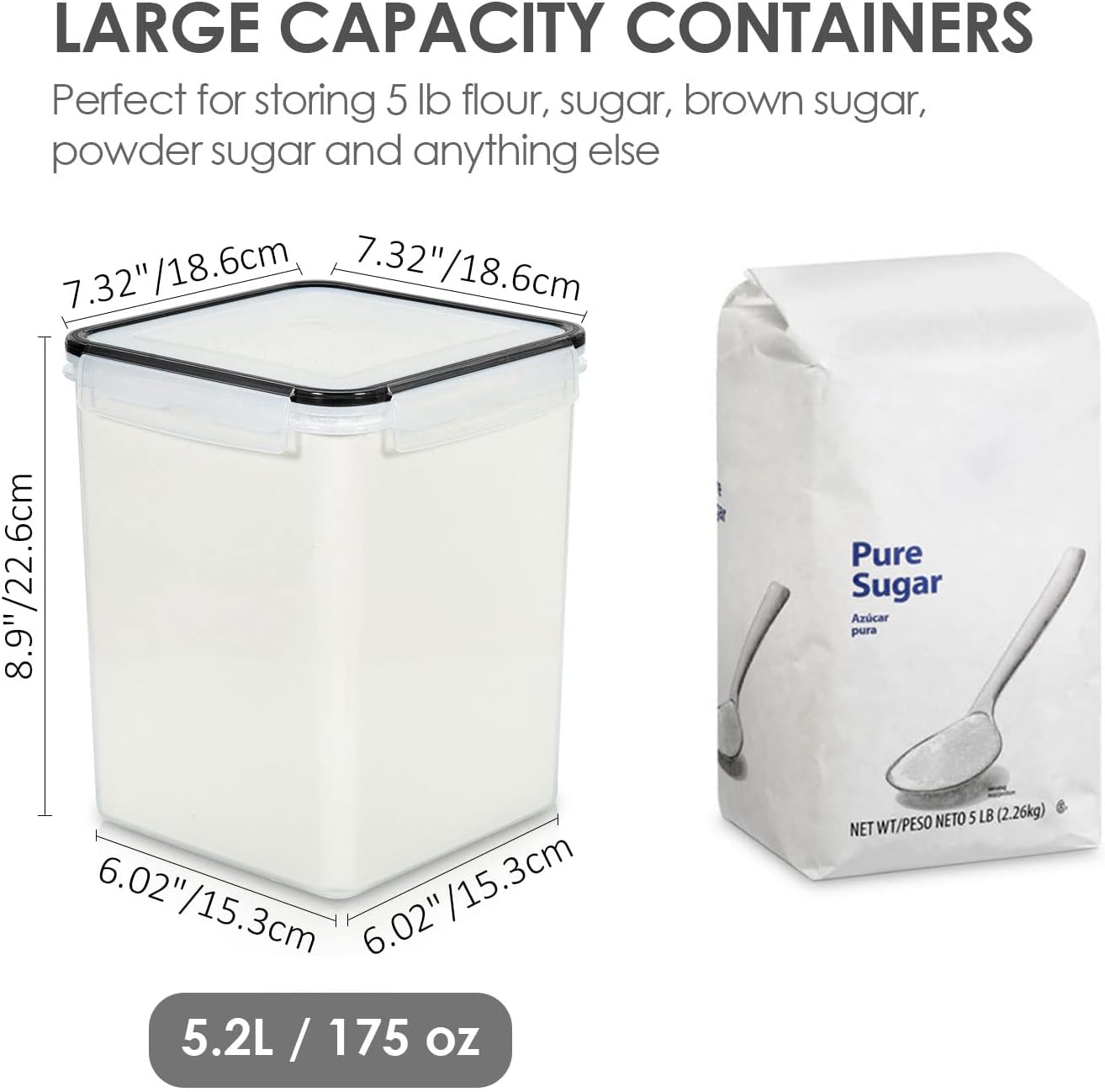 Vtopmart 5,2L große Vorratsgläser mit Deckel, luftdicht, 4 Stück Kunststoff-Aufbewahrungsboxen, Küchen-Organizer, BPA-frei, Vorratsbehälter für Zucker und Mehl mit Etiketten und Messbechern – Bild 2