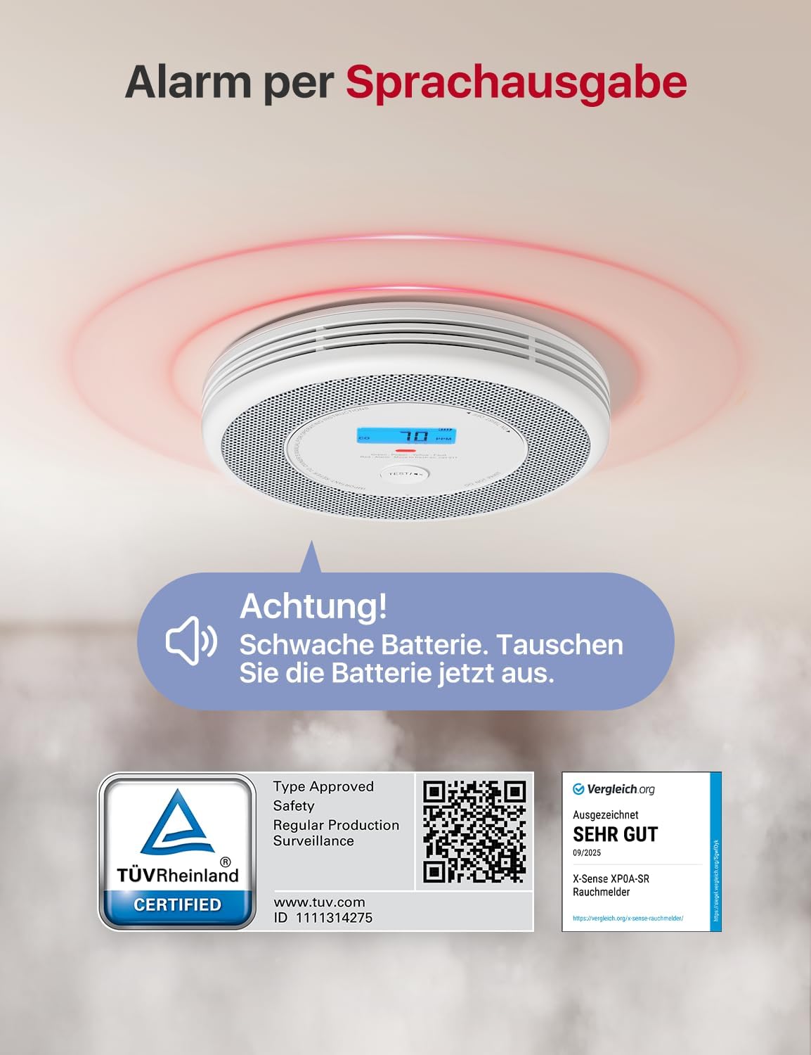 X-Sense Rauch- und CO-Melder, unabhängiger kombinierter Rauch- und Kohlenmonoxidmelder mit Sprachausgabe, austauschbarer Akku, keine Unterstützung für App und SBS50-Basisstationen, XP0A-SR, 1 Stück – Bild 9
