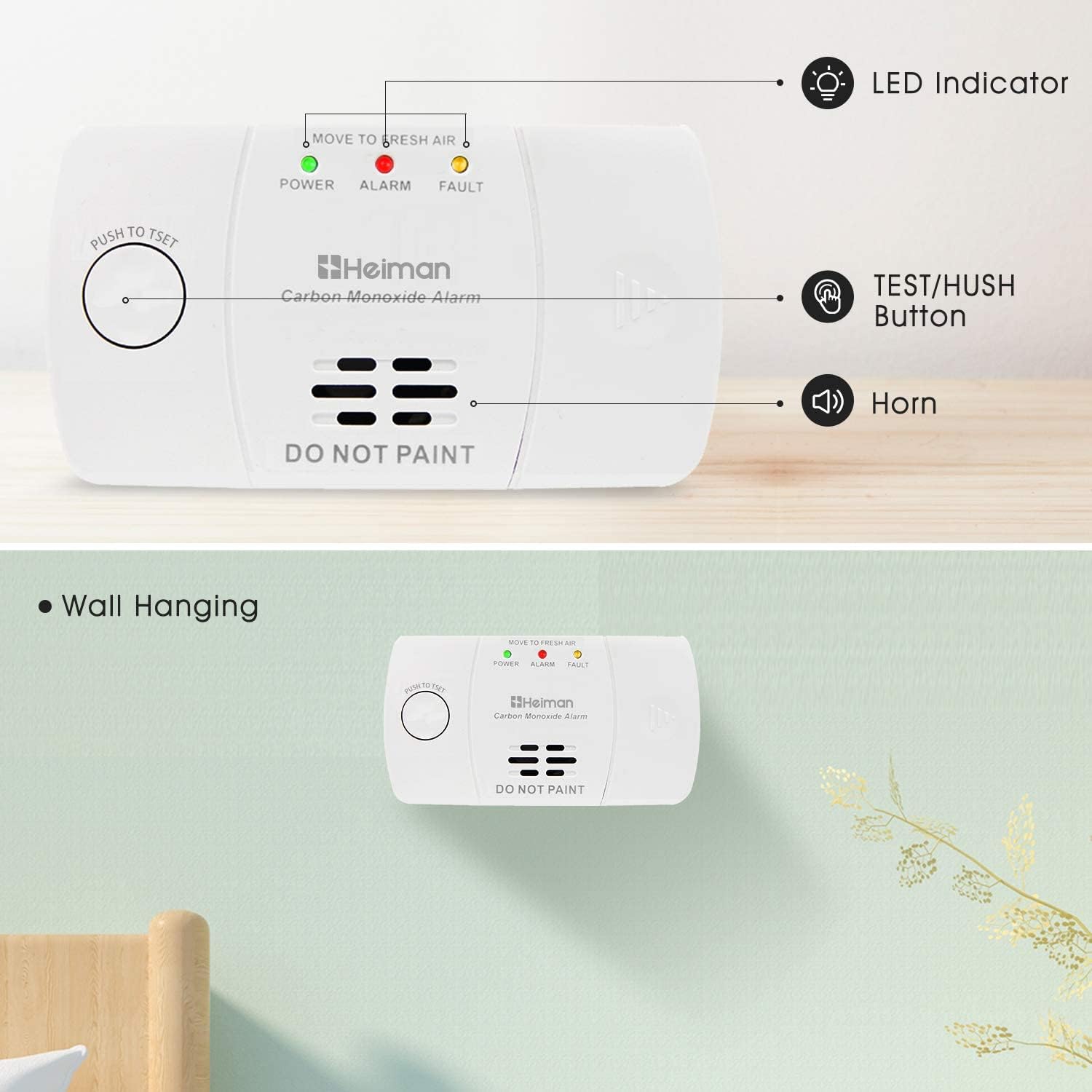 HEIMAN CO-Melder, Kohlenmonoxidmelder mit Batteriebetrieb, 85-dB-Alarm mit Testtaste und Selbsttest, EN 50291-zertifizierter CO-Alarm mit 10-Jahres-Sensor – Bild 3