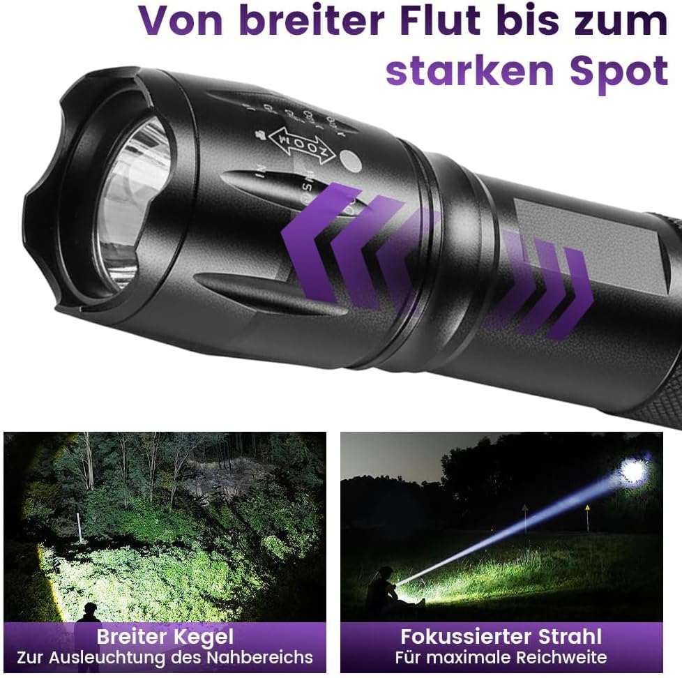 UV-Taschenlampe 395 nm mit LED-Weißlicht, USB-C wiederaufladbar, Zoomfunktion, IPX4 wasserdicht, 2000 mAh Akku, Schwarzlichtlampe für Urinflecken, Haustiere, Hotelhygiene, Geldscheine und Camping (schwarz 1 Stück) – Bild 5