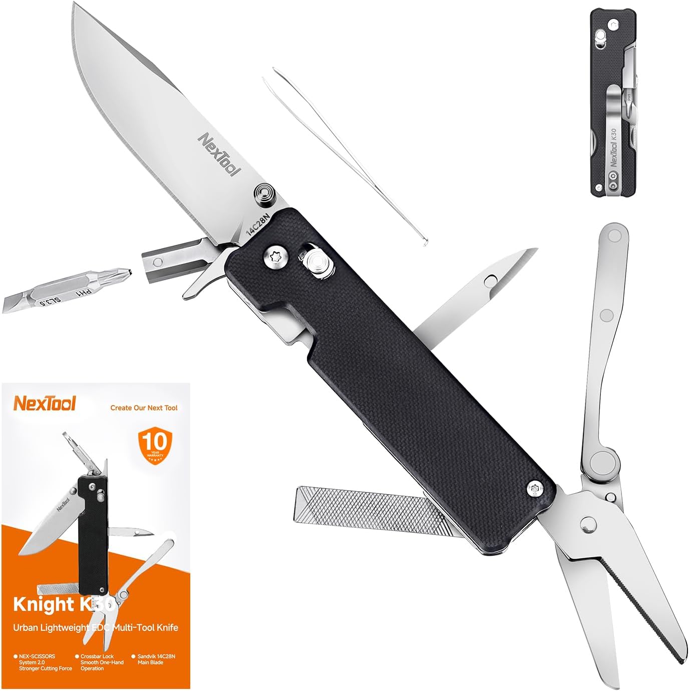 NexTool Knight K30 11-in-1-Klappmesser mit Verriegelung, EDC-Multifunktionswerkzeug mit 14C28N-Stahlklinge und G10-Griff, geriffelte Schere für den täglichen Gebrauch, Camping und Wandern