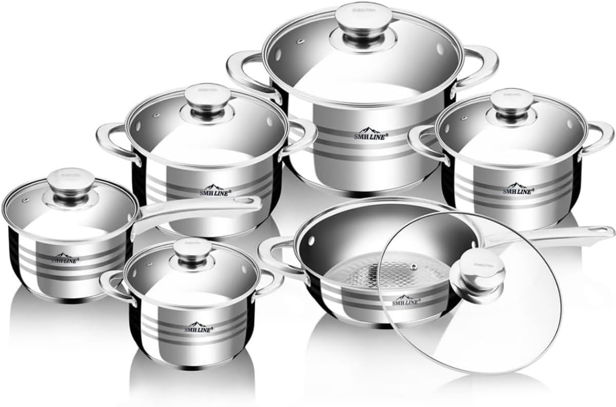 Smhline 12-teiliges Topfset, Kochtopf-Set, geeignet für Induktionsherde, Edelstahl-Kochgeschirr, Pfannenset, Glasdeckel, Küchensets, Bratpfanne
