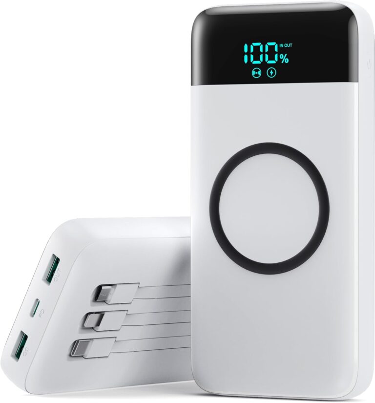 Kabellose Powerbank 26800 mAh mit 3 Kabeln, 7 in 1 25 W PD3.0 + QC4.0 Schnelllade-USB-C-Powerbank, 6 Ausgänge, externe Handy-Akkus mit LCD-Display, kompatibel mit iPhone 17/16/15/14, Huawei, Samsung, Weiß