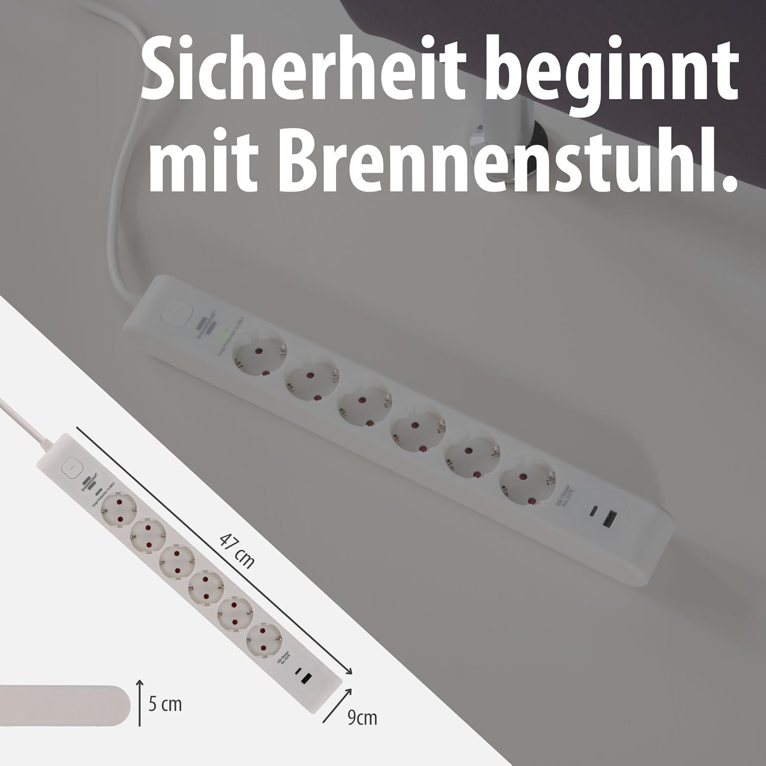 Brennenstuhl 6-fach Steckdosenleiste mit USB und Überspannungsschutz | Mehrfachsteckdose mit 1 x USB C PD 20 W zum Schnellladen und 1 x USB A 20 W, Schalter, 2 m Kabel, weiß – Bild 6