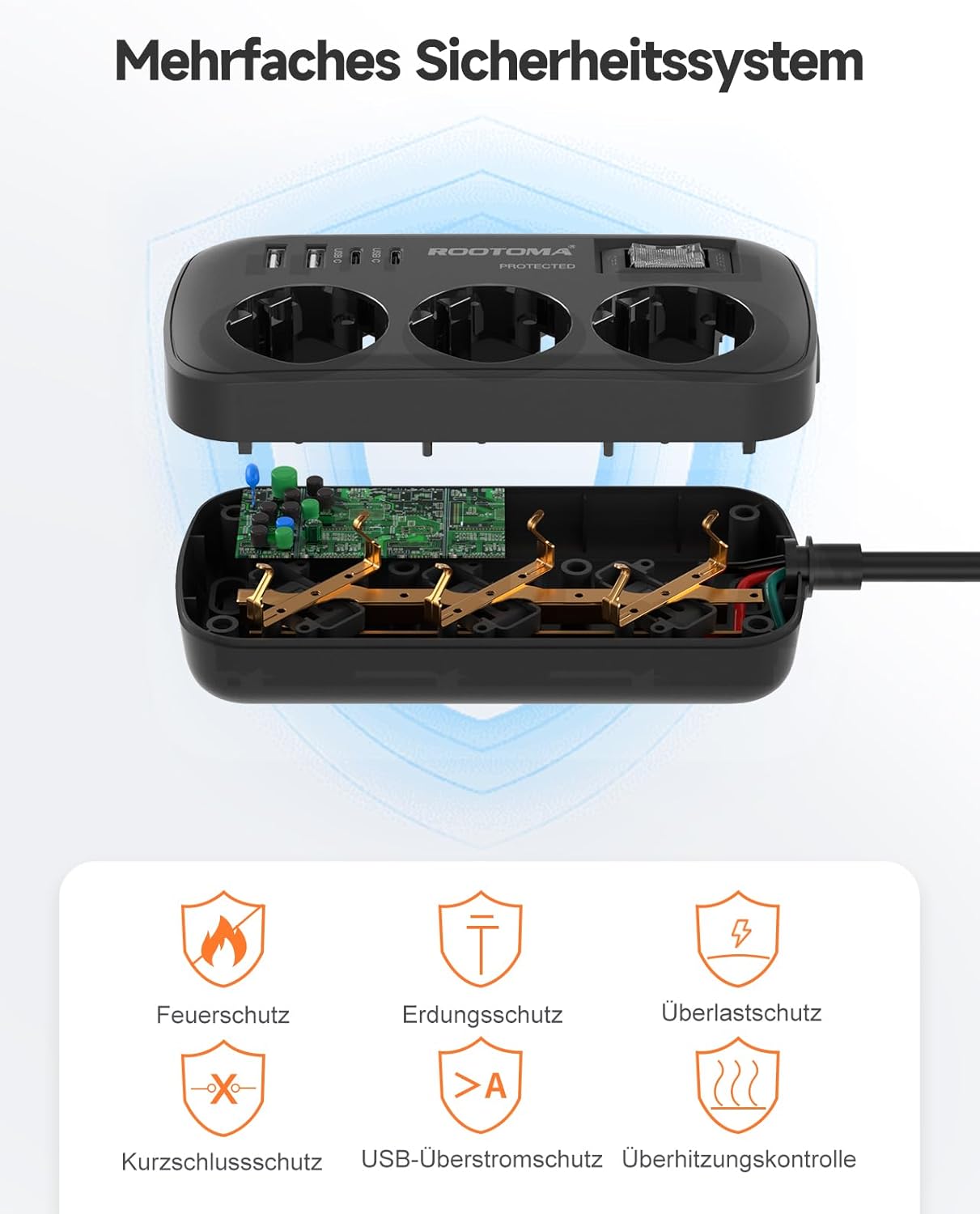 3-fach Steckdose mit Überspannungsschutz, Mehrfachsteckdose, 4 USB (2 USB-C), Steckdose mit Schalter und 1,5 m Kabel, Wandmontage für Zuhause, Büro, Schwarz – Bild 8