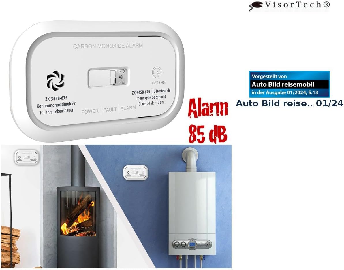 VisorTech CO-Melder: Digitaler Kohlenmonoxidmelder, 85 dB, LCD-Display, nach DIN EN 50291 (Co2-Alarm, CO-Wächter, BBQ) – Bild 2