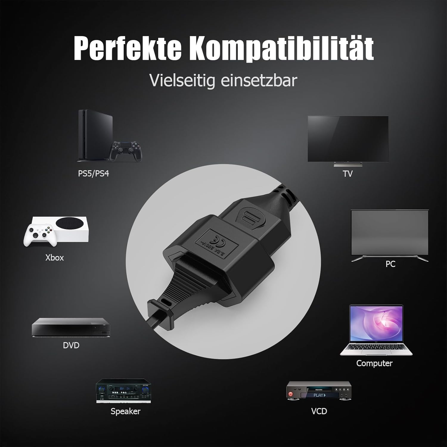 Stromkabel Verlängerungskabel, Ancable 2m Verlängerungskabel flach, VDE-zertifiziert, Eurostecker Typ C auf Eurosteckdose, Verlängerungskabel Netzkabel für TV, Monitor, Haushaltsgeräte, Schwarz – Bild 5