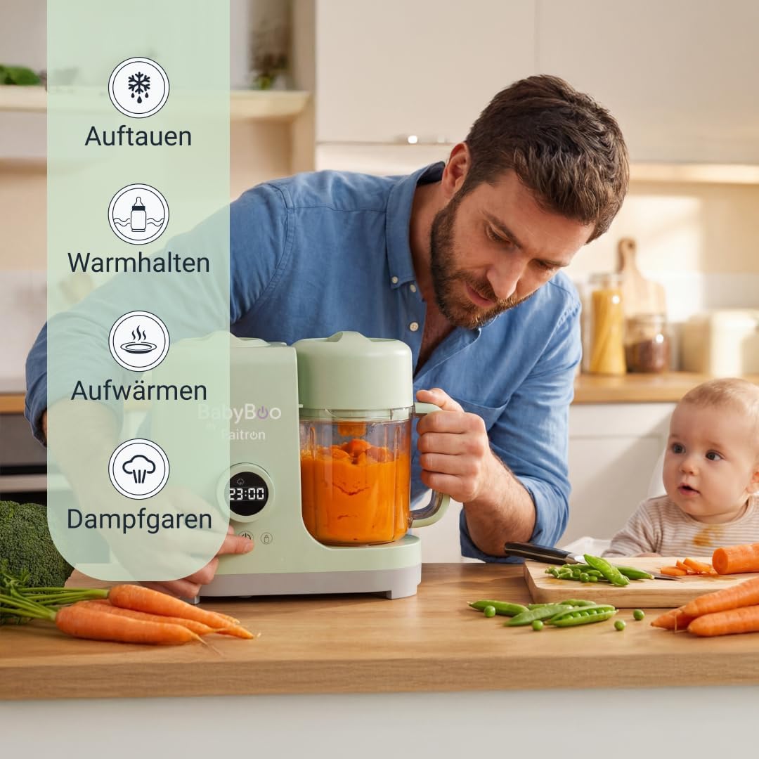 BABYBOO 7-in-1 Babynahrungszubereiter + Set mit Edelstahl-Innenbehältern Bundle – Dampfgaren und Mischen in 20 Minuten, Flaschenwärmer und Sterilisator, 2 Behälter + 2 Deckel, BPA-frei – Bild 2