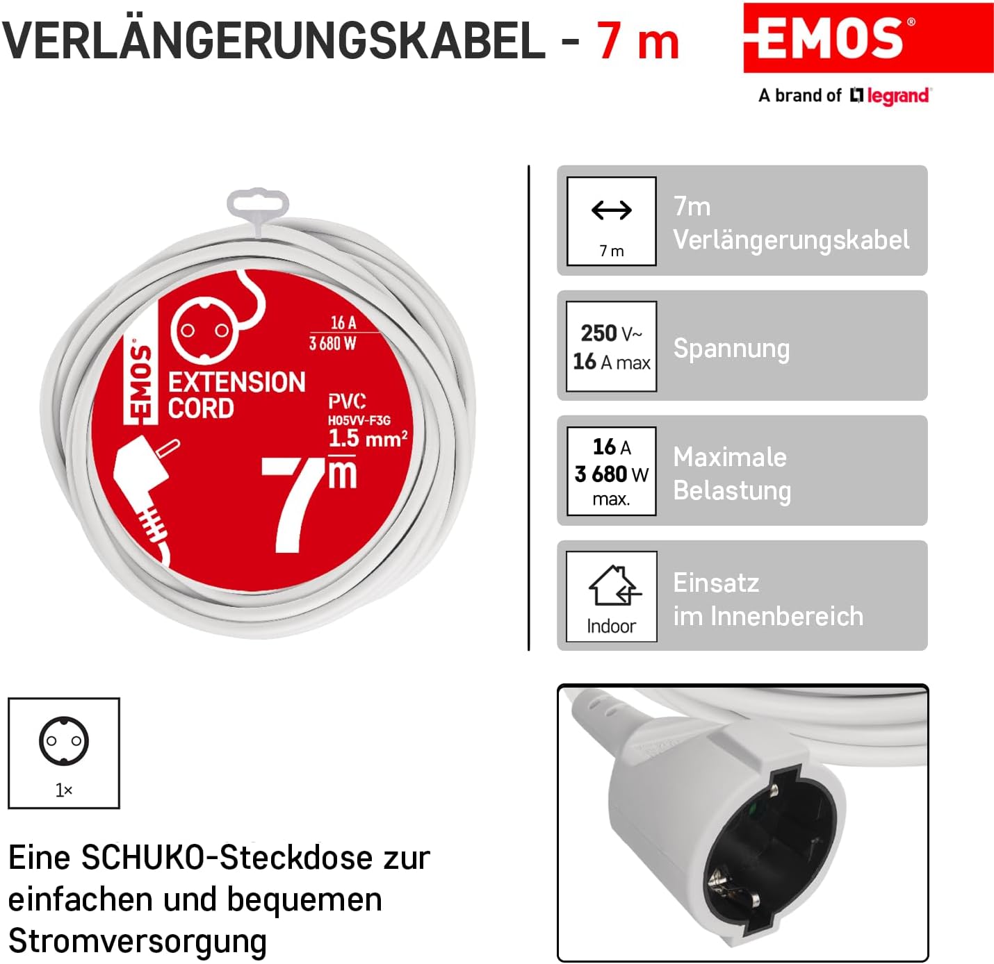 EMOS – IP20-Verlängerungskabel 7 m – 1 Schuko-Steckdose – 250 V, 16 A, 3680 W – hochwertige PVC-Isolierung – H05VV-F3G 1,5 mm2 – erhöhter Berührungsschutz – für den Innenbereich – weiß – Bild 2