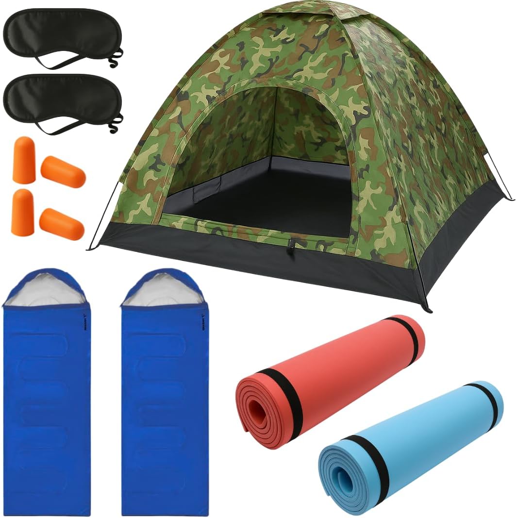 2-Personen-Festivalzelt-Set mit 2 Isomatten, Schlafsäcken, Nackenkissen, Schlafmasken, Ohrstöpseln & 2-Mann-Festivalzelt, Camping, Iglu-Zelt, wasserdicht, 200 x 200 x 135 cm