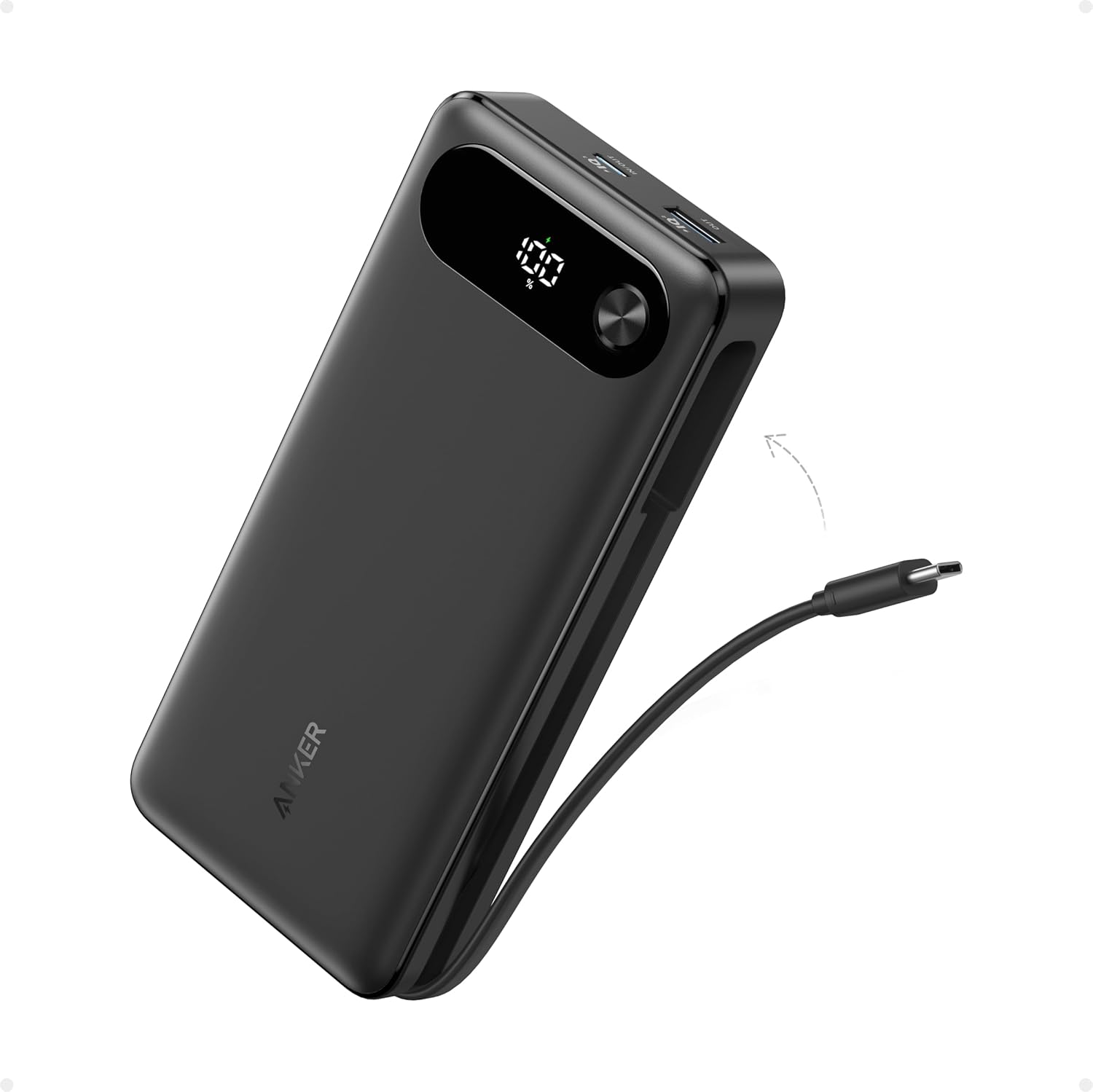 Anker Power Bank, tragbares Ladegerät mit 20.000 mAh und integriertem USB-C-Kabel, 87-W-Max-Schnellladeakku, 1 USB-C und 1 USB-A, für MacBook, iPhone 17/16/15/14-Serie, Samsung, Switch und mehr