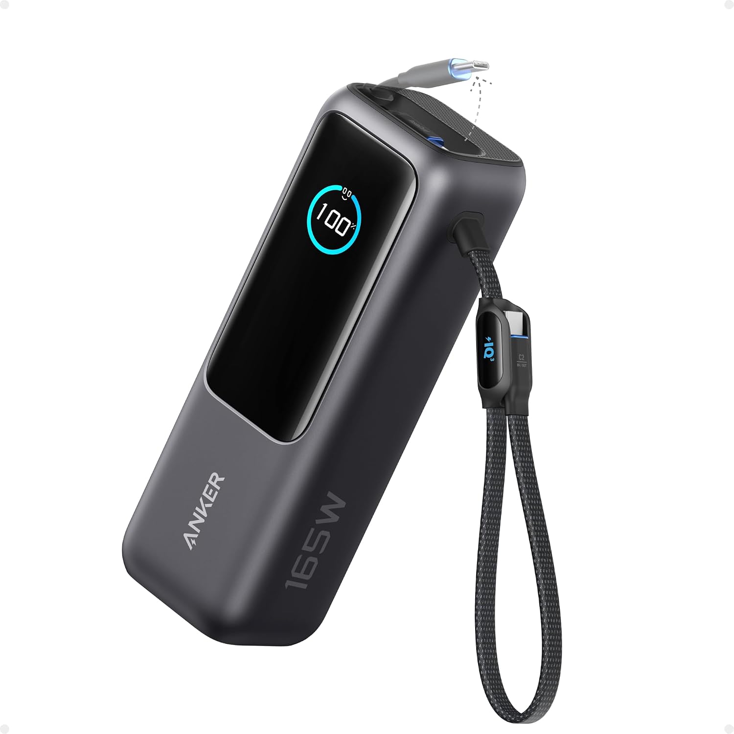 Anker 165 W 25000 mAh Laptop-Powerbank, Ladegerät mit 70 cm ausziehbarem Kabel und Trageband, 3 USB-C-Anschlüsse zum Laden mehrerer Geräte, für MacBook Pro, iPhone 17/16/15, Samsung und mehr (Flugzeugkompatibel)