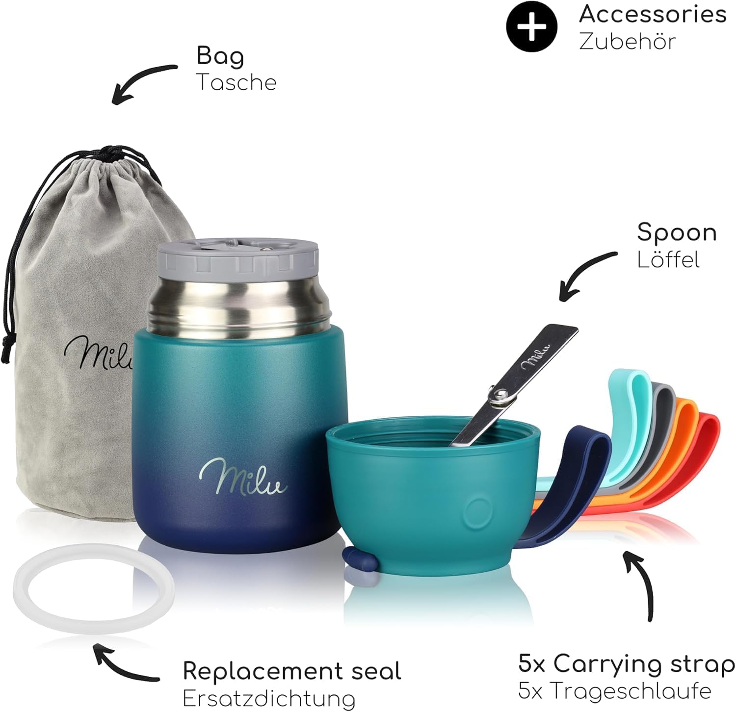 Milu Thermo-Lebensmittelbehälter 650 ml, Edelstahl, Thermo-Lunchbox, Suppenbehälter to Go, Thermobox zum Warmhalten von Suppen, Babybrei, Essensbehälter, Breiwärmer für unterwegs, Grün Blau 650 ml – Bild 5