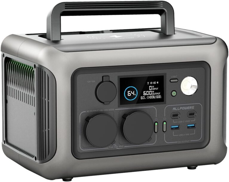 ALLPOWERS Tragbares Kraftwerk R600, 299 Wh LiFePO4-Batterie-Solargenerator mit 2 x 600 W (1200 W Spitze) Wechselstromausgang, Schnellladung in 1 Stunde für Garten, Party, Reisen, Camping, Wohnmobil, Notfall