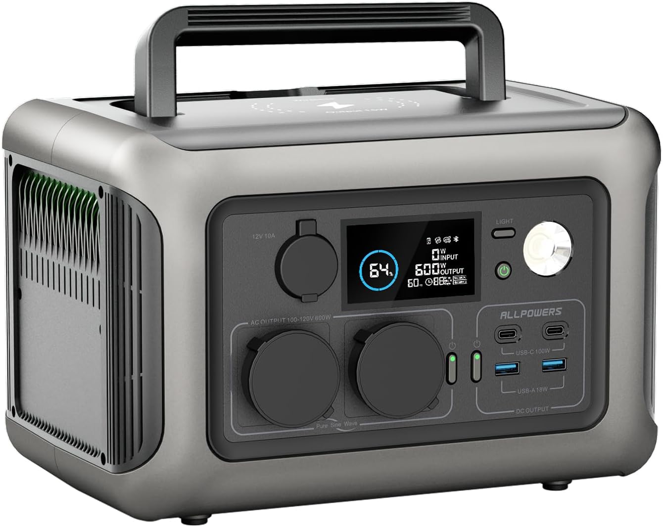 ALLPOWERS Tragbares Kraftwerk R600, 299 Wh LiFePO4-Batterie-Solargenerator mit 2 x 600 W (1200 W Spitze) Wechselstromausgang, Schnellladung in 1 Stunde für Garten, Party, Reisen, Camping, Wohnmobil, Notfall